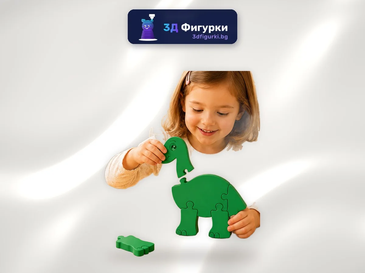 Момиченце сглобява зелен 3D пъзел динозавър с дълга шия, държейки главата в ръка