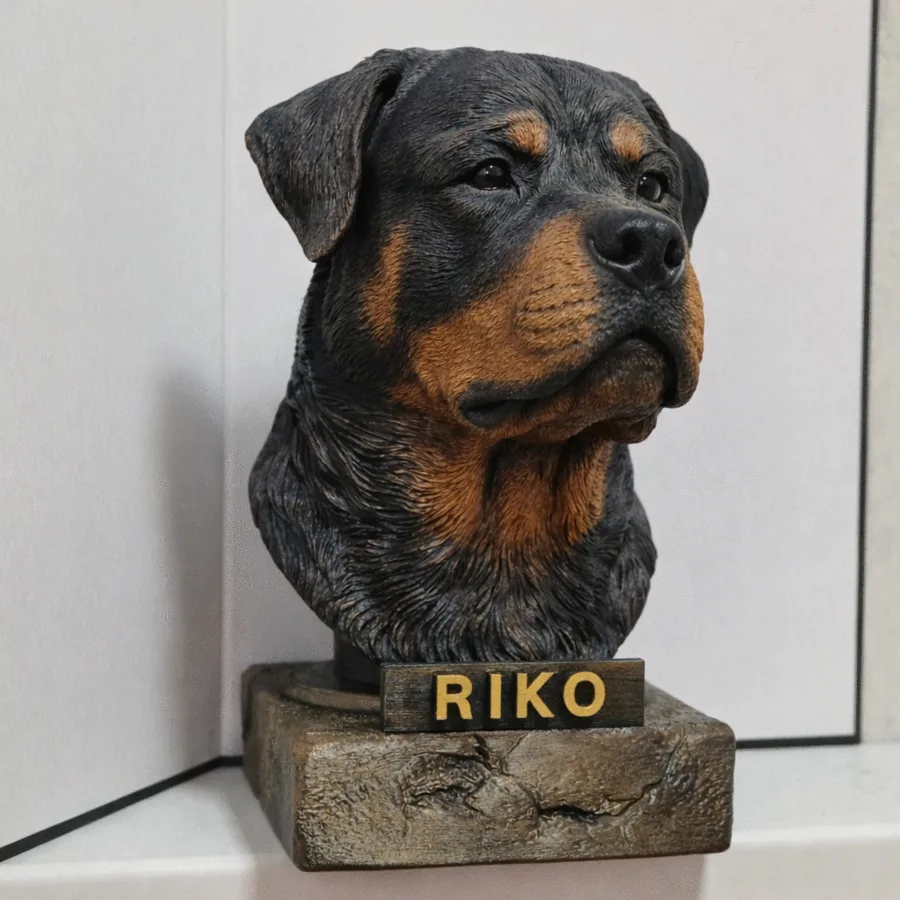 Hand-painted 3D bust of a Rottweiler with a nameplate